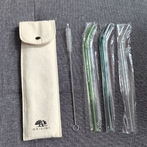 Origins Glass Straw Set with Pouch - Clear, Green, Blue